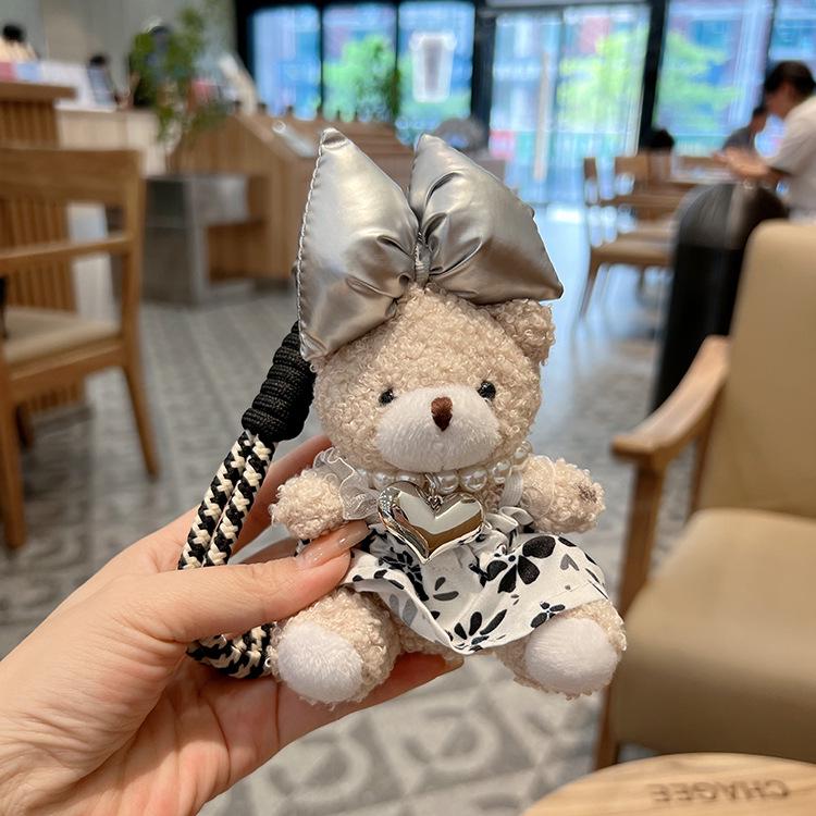 

Корейское цветочное платье брелок-мишка с жемчужным бантом - милая кукла, подвеска для рюкзака и автомобиля серебряный