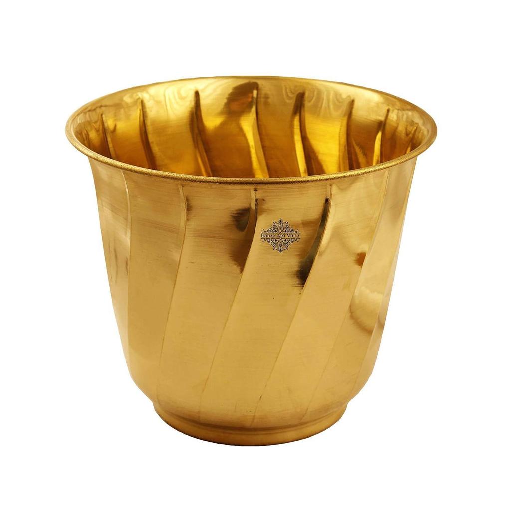 Pure Brass Lining Design Planter, Home Décor, Planting, Size- 7.2x8 Inches, Set of 2