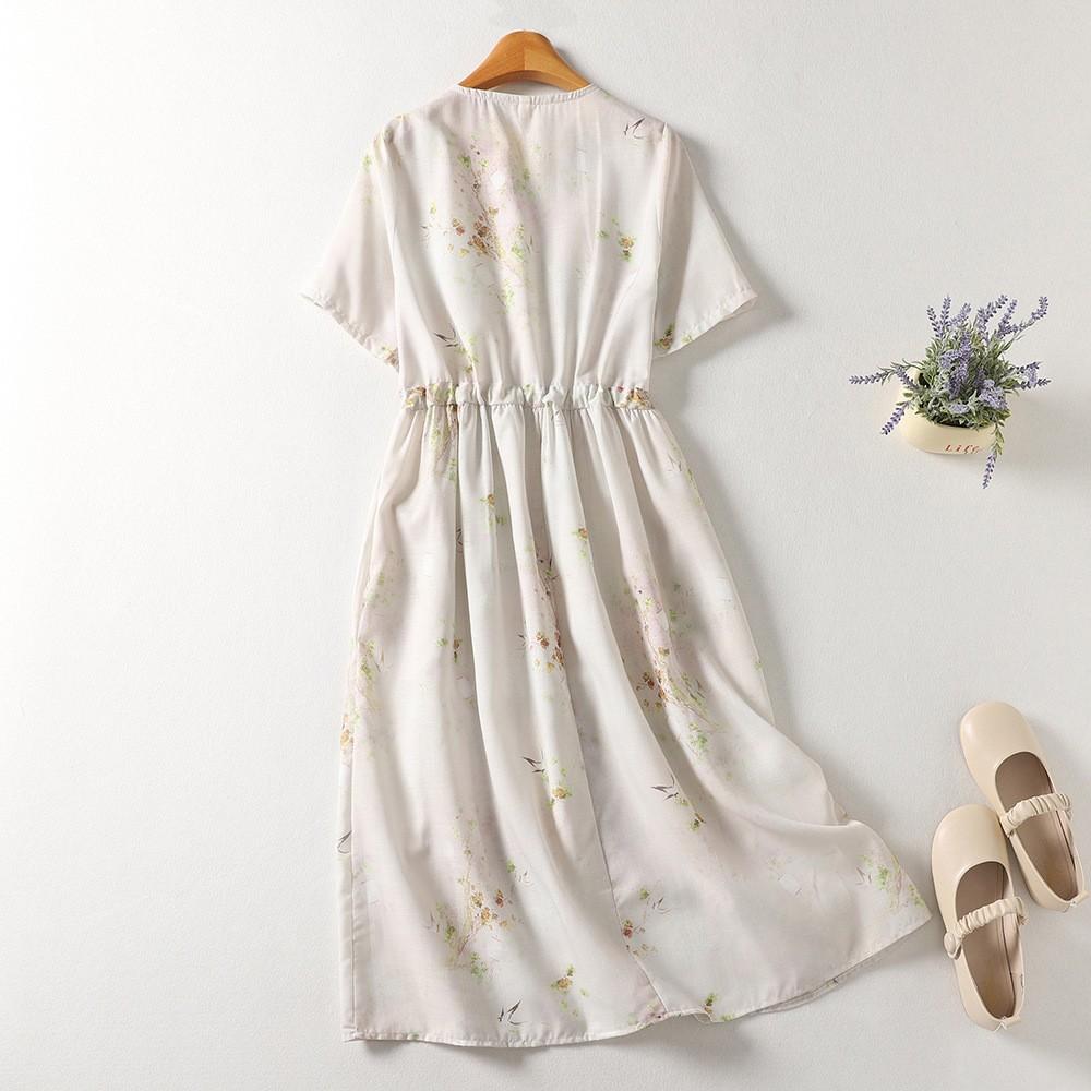 Cotton and Linen Printing Design Sense Chinese Dress Women's Summer Temperament Drawstring Waist V-neck Short-sleeved Big Swing Skirt