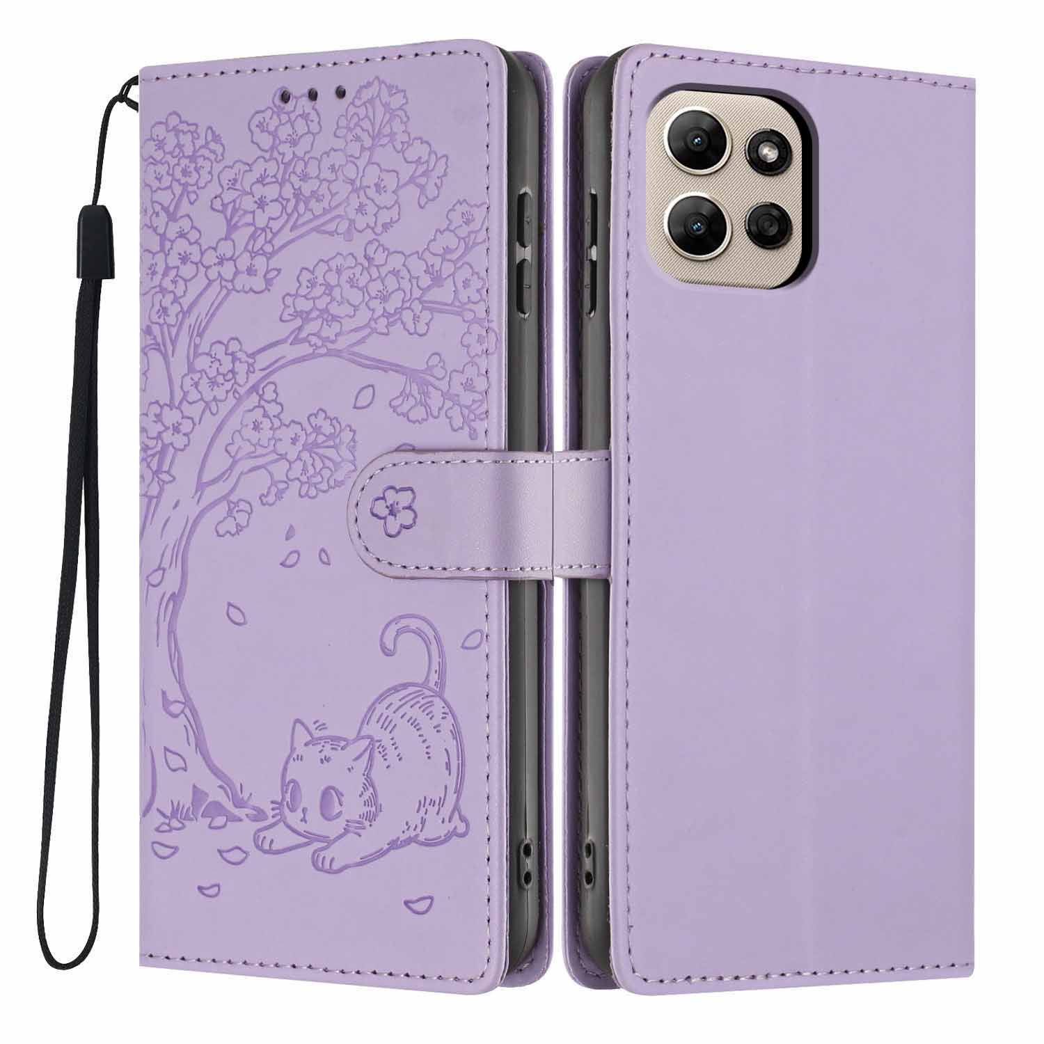 

For Motorola Moto G Power (2026) Stand Case Tree-and-Cat Pattern PU Leather Wallet Protective Phone Cover with Wrist Strap