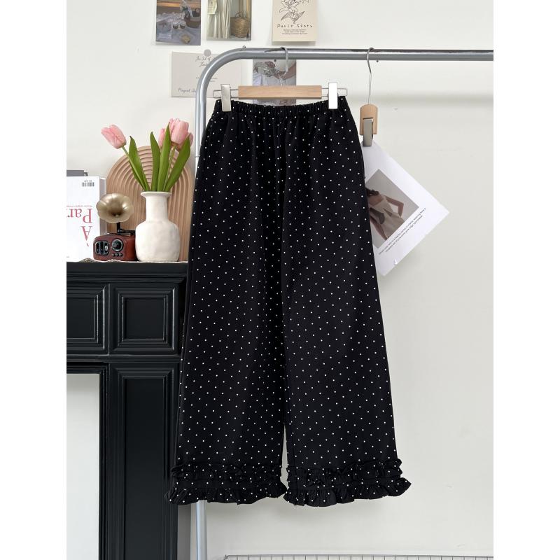 Summer Thin Wood Ear Lace Versatile Elastic Waist Straight-leg Polka Dot Solid Color Wide-leg Casual Pants Trendy