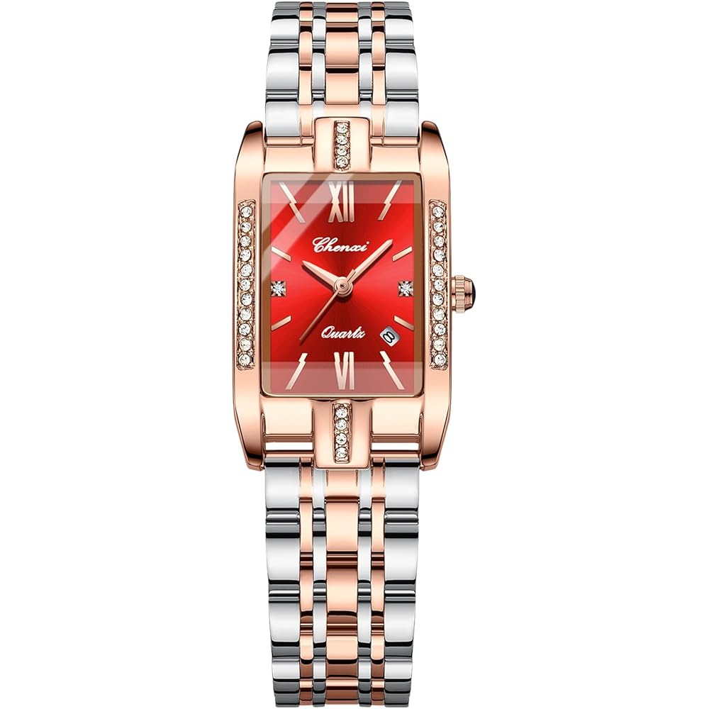 Women s Square Diamond Watch Zircon Quartz Calendar Stainless Steel Band Red