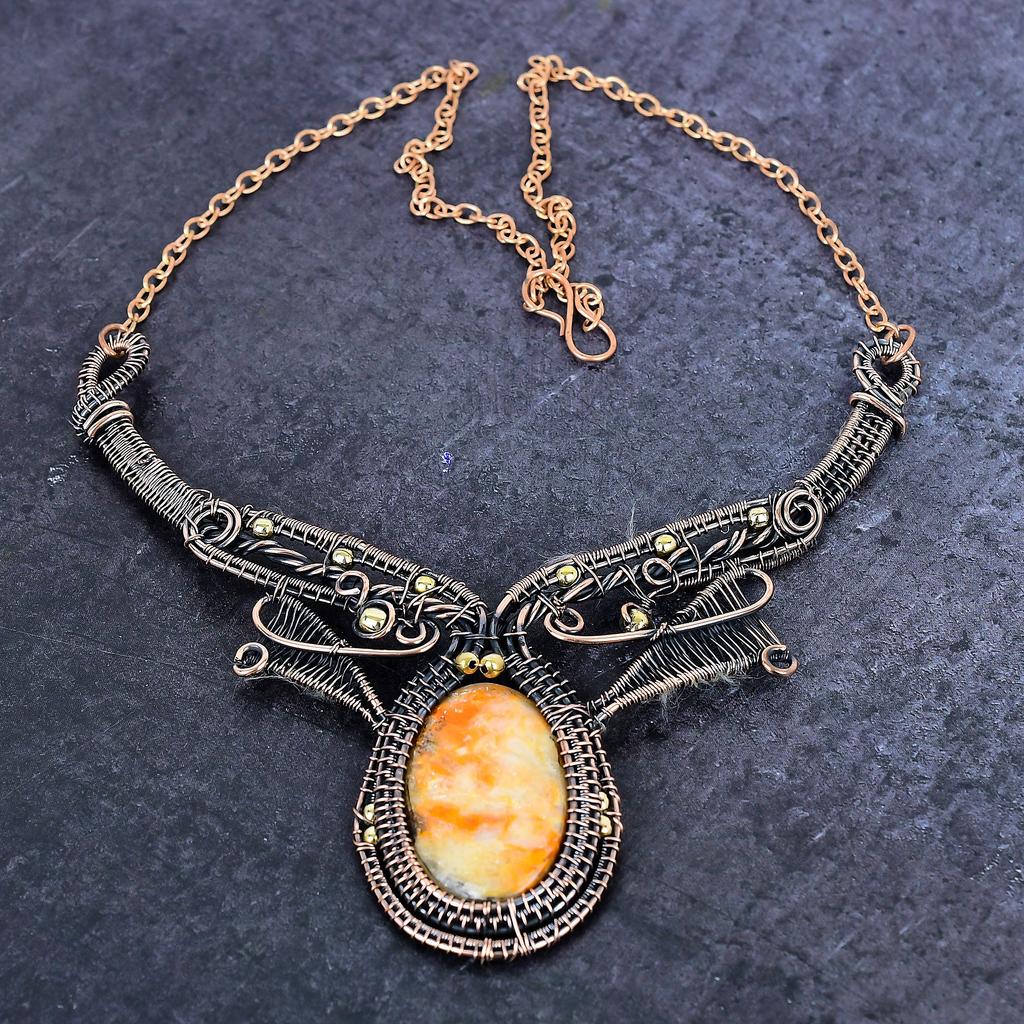 Bumble Bee Jasper Gemstone Handmade Copper Wire Wrap Jewelry Necklace 18" ET-4956