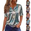 Women's Fashion Casual Retro Print  Collar Short Sleeve Button T-Shirt Top