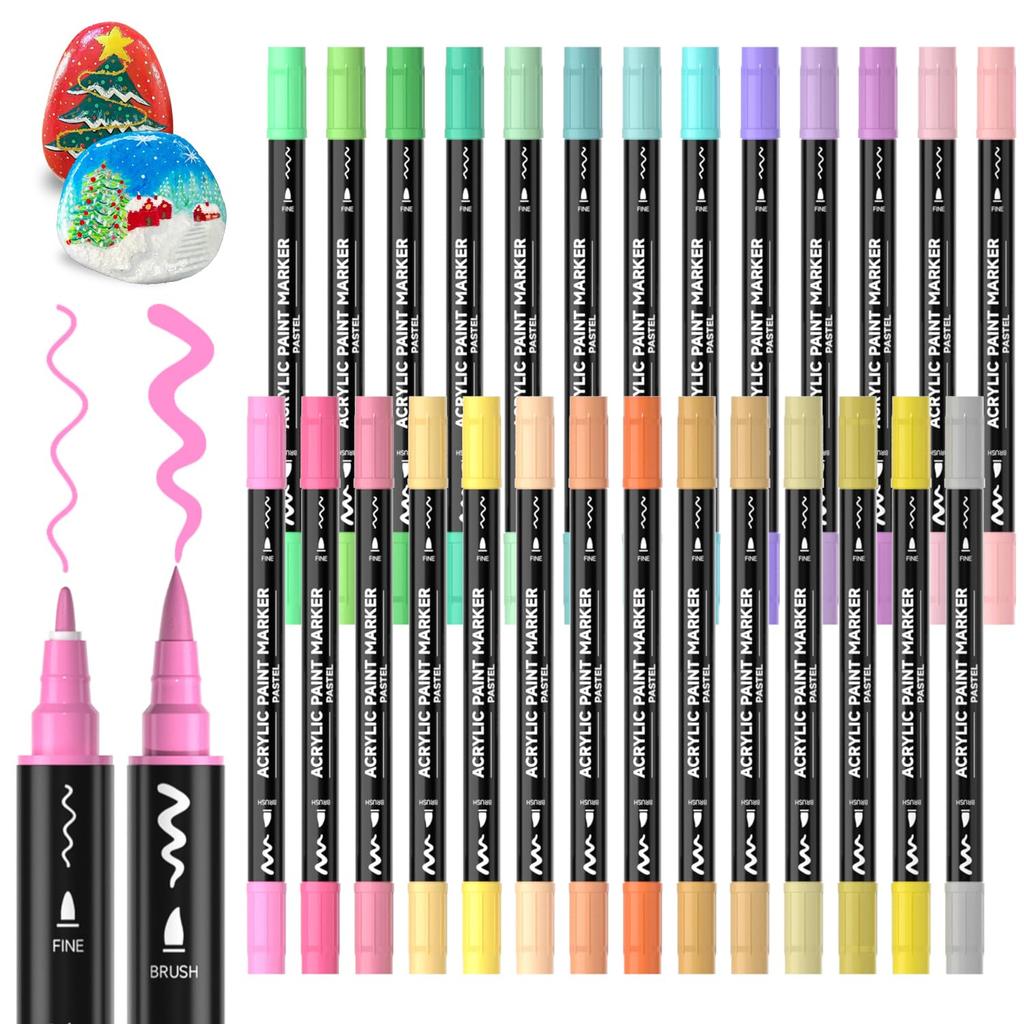 Shuttle Art Acrylic Marker Pastel Brush and Fine Twin Acrylic Paint for Writing on and Art Gift Pens, Colors, 28-Color Set, Tip, Pen, Pens,