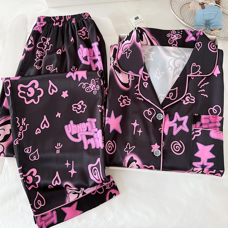 Sweet And Cool Girl Ice Silk Pajamas Women'S Summer Butterfly Print Short-Sleeved Loose Loungewear Set
