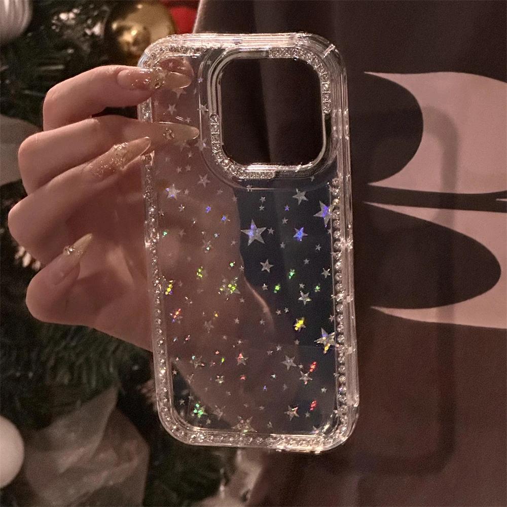 Shiny Glitter Star Rhinestone Shell Pattern Phone Case For iPhone 17 Air 16 15 14 13 12 11 Pro Max 14 Plus Soft Shockproof Cover