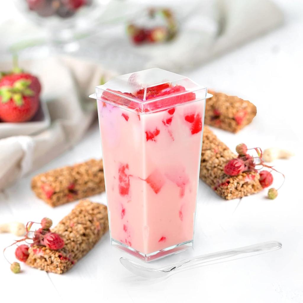 EASERCY 50 Pack 3 oz Square Mini Dessert Cups with Lids and Spoons Clear Dessert Shooter Cups with Spoons Parfait Cups with Lids Appetizer Cups for