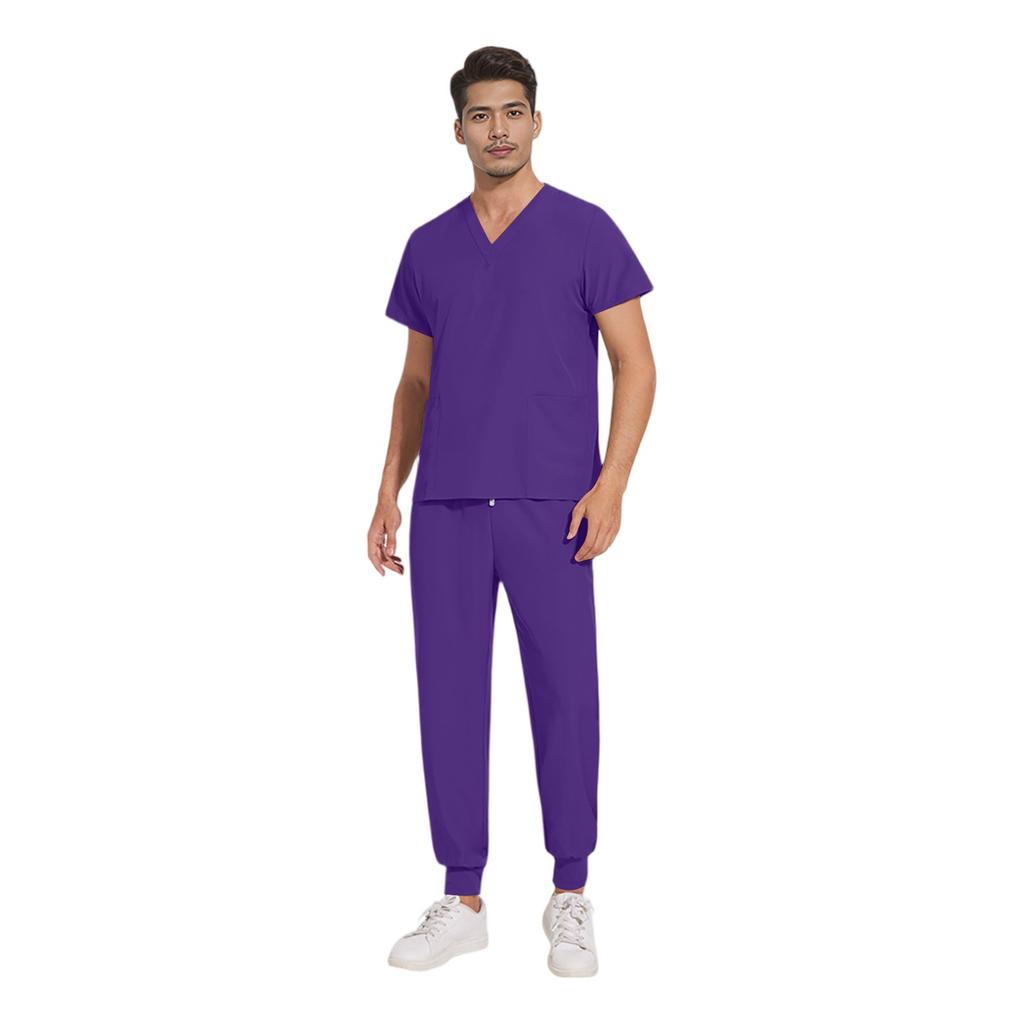 Soild Scrub Working Uniform Suit For Men's Cross V-Neck Short Sleeve Fun T-Shirts Workwear Tee With Pockets