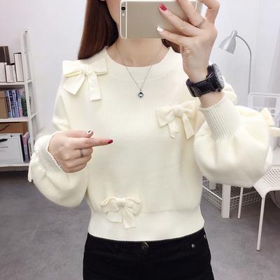 Women's Knitted Top Spring Autumn Korean Style Loose Lantern Sleeve Sweater Long Sleeve Pullover Ladies Crew Neck Base Layer