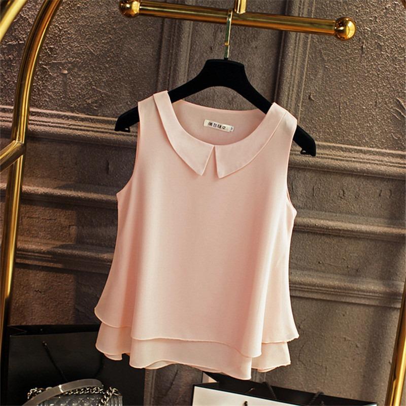 Nuovo Stile Estivo Camicia in Chiffon con Collo Top Senza Maniche Ampio Gilet da Donna