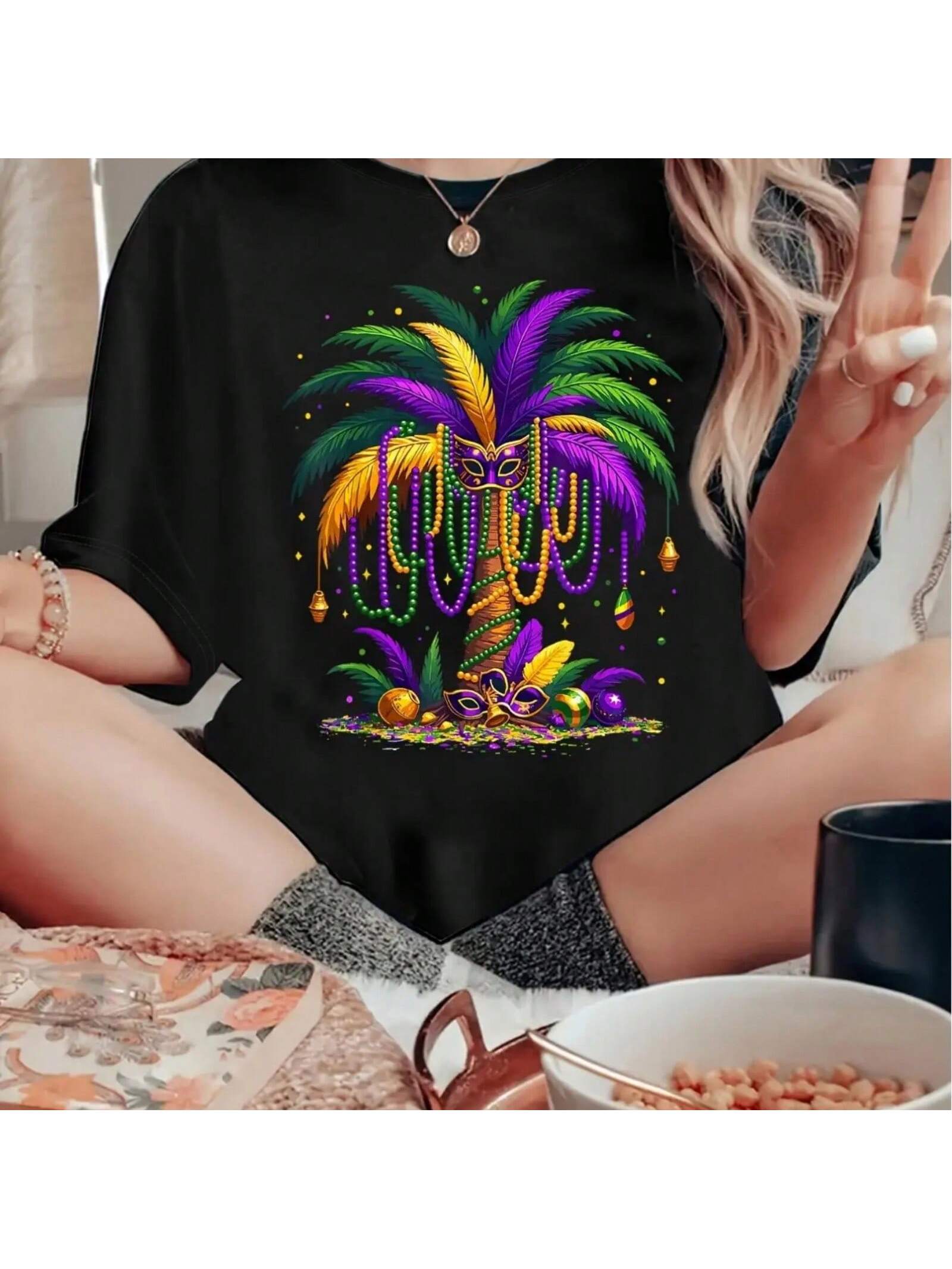 S T-Shirt, Purple, Green And Yellow Masks, Beads, Tree Carnival Print, Retro Minimalist Fashion, Round Neck, Casual And S разноцветный