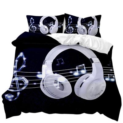 Funda Nórdica para Auriculares Set de Ropa de Cama con Notas de Melodía de Música Rock Blanco Frío Auriculares Niños Doble Queen King Size Poliéster Funda de Edredón