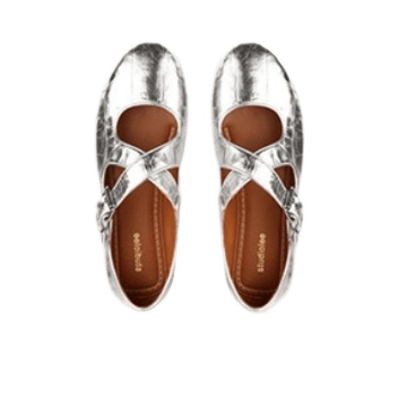 Cross-strap Silver Round Head Soft Leather Mary Jane Women's Shoes Light Mouth Flat Sole Shoes