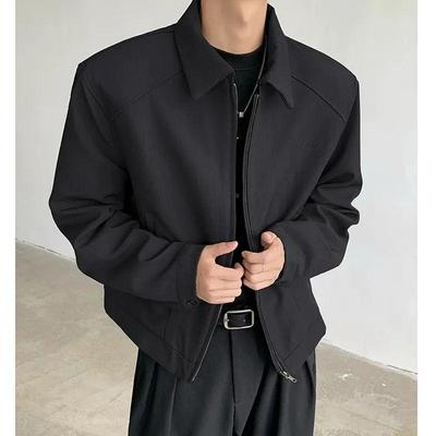 Black Autumn Baseball Jacket for College Men: Stylish Short American Ruffian Design with Shoulder Pads