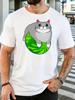 Unisex Cute Fat Cat On Watermelon Cartoon Graphic Cotton Short Sleeve Tee Crew Neck Soft Male Summer Casual Breathable Street Top