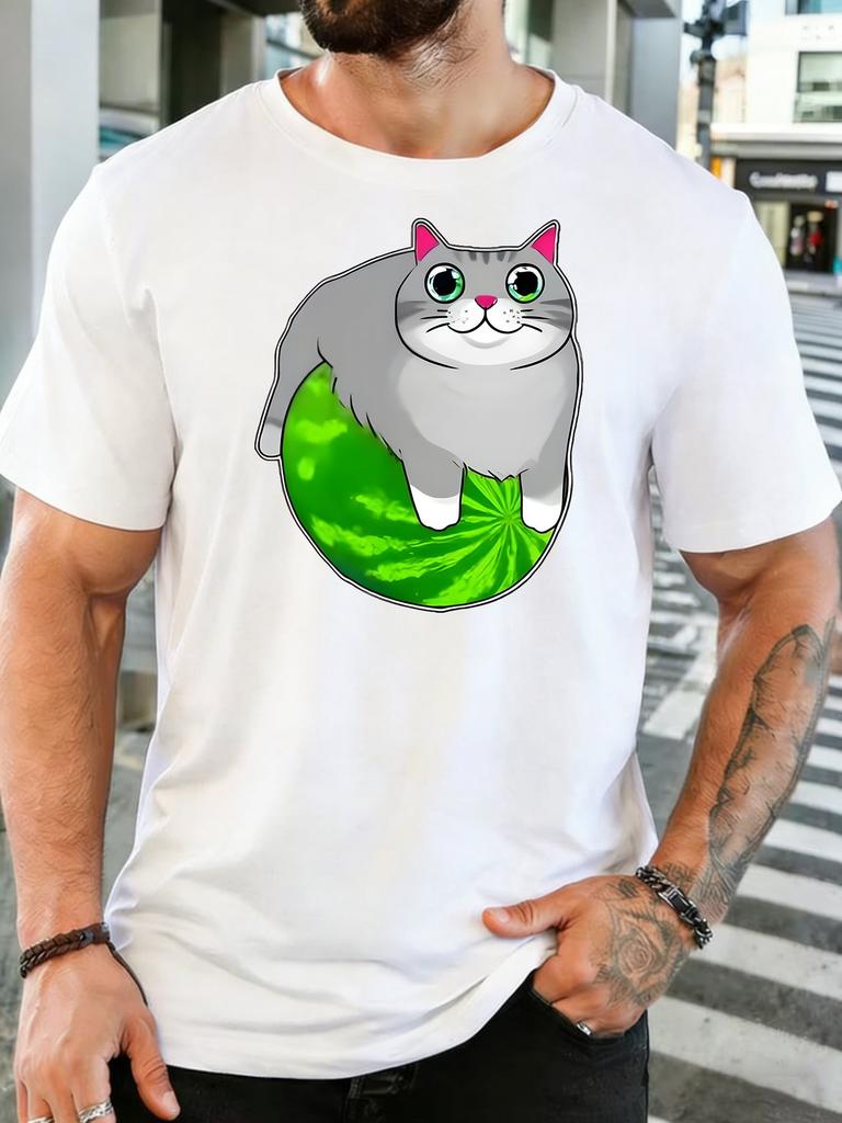 Unisex Cute Fat Cat On Watermelon Cartoon Graphic Cotton Short Sleeve Tee Crew Neck Soft Male Summer Casual Breathable Street Top