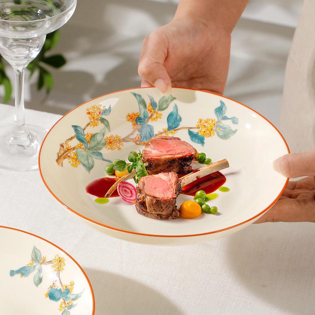 Golden Autumn Osmanthus Ceramic Dinner Plate - Chinese Style Deep Soup and Round Dish 2025 Collection