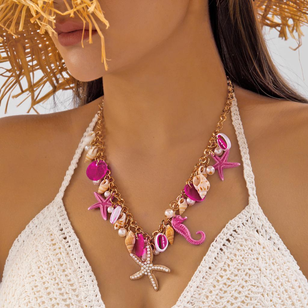 Y2K Unique Ocean Theme Necklace for Women Gold Color Chain Seahorse Starfish Pendant Maximalist Jewelry Dopamine Gift Party