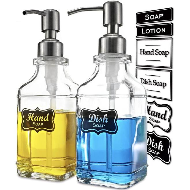 JASAI 2Pack Antique Design Glass Soap Dispenser with Rust Proof 304 Stainless Steel Pump, Refillable Hand Soap Dispenser with 10Pcs Stickers, Premium