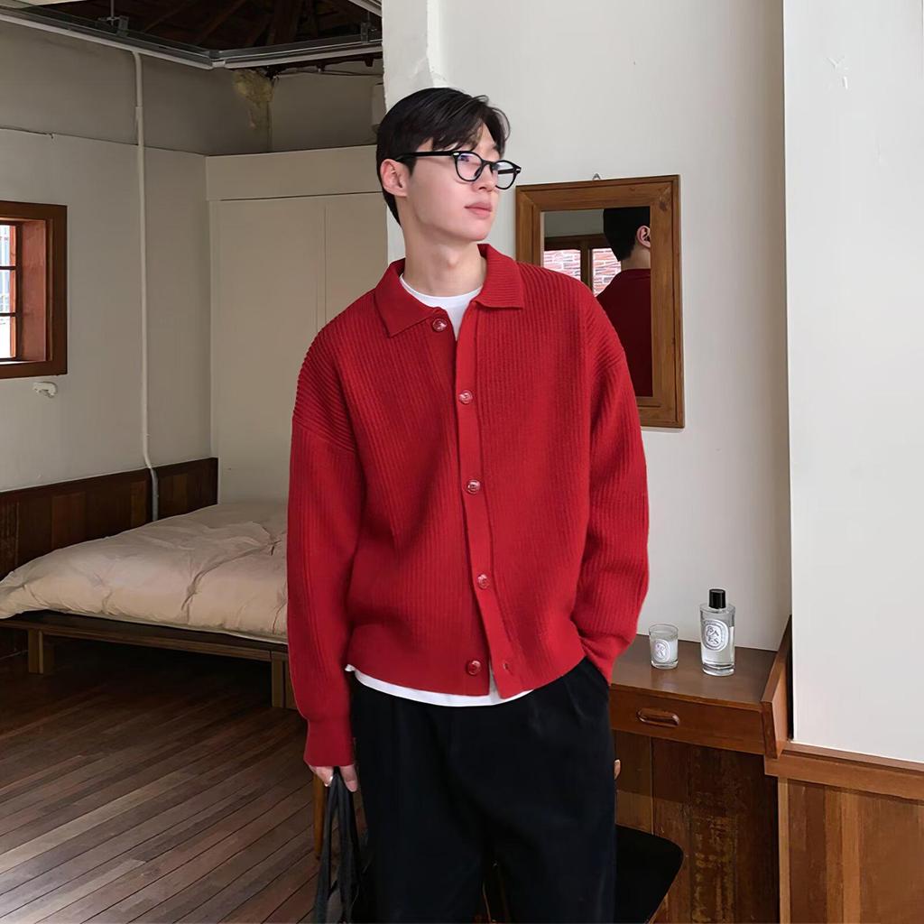 Pánský pletený kardigan s klopou v korejském stylu - Trendy, Prémiový, Volný střih pro jaro a podzim