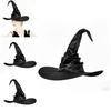 Black Curved Hook Design Witch Hat With Ruffled Style For Halloween Events
