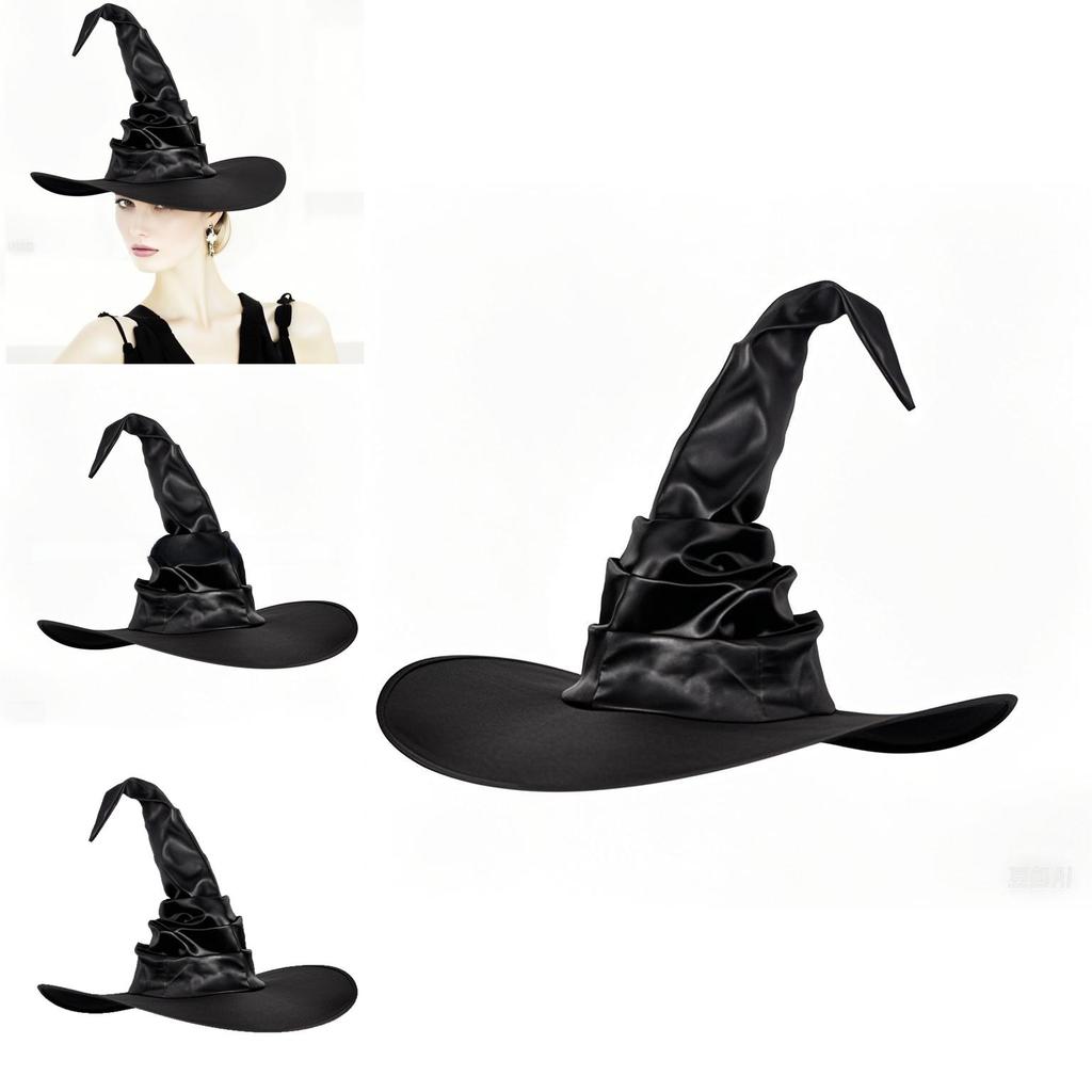 Black Curved Hook Design Witch Hat With Ruffled Style For Halloween Events