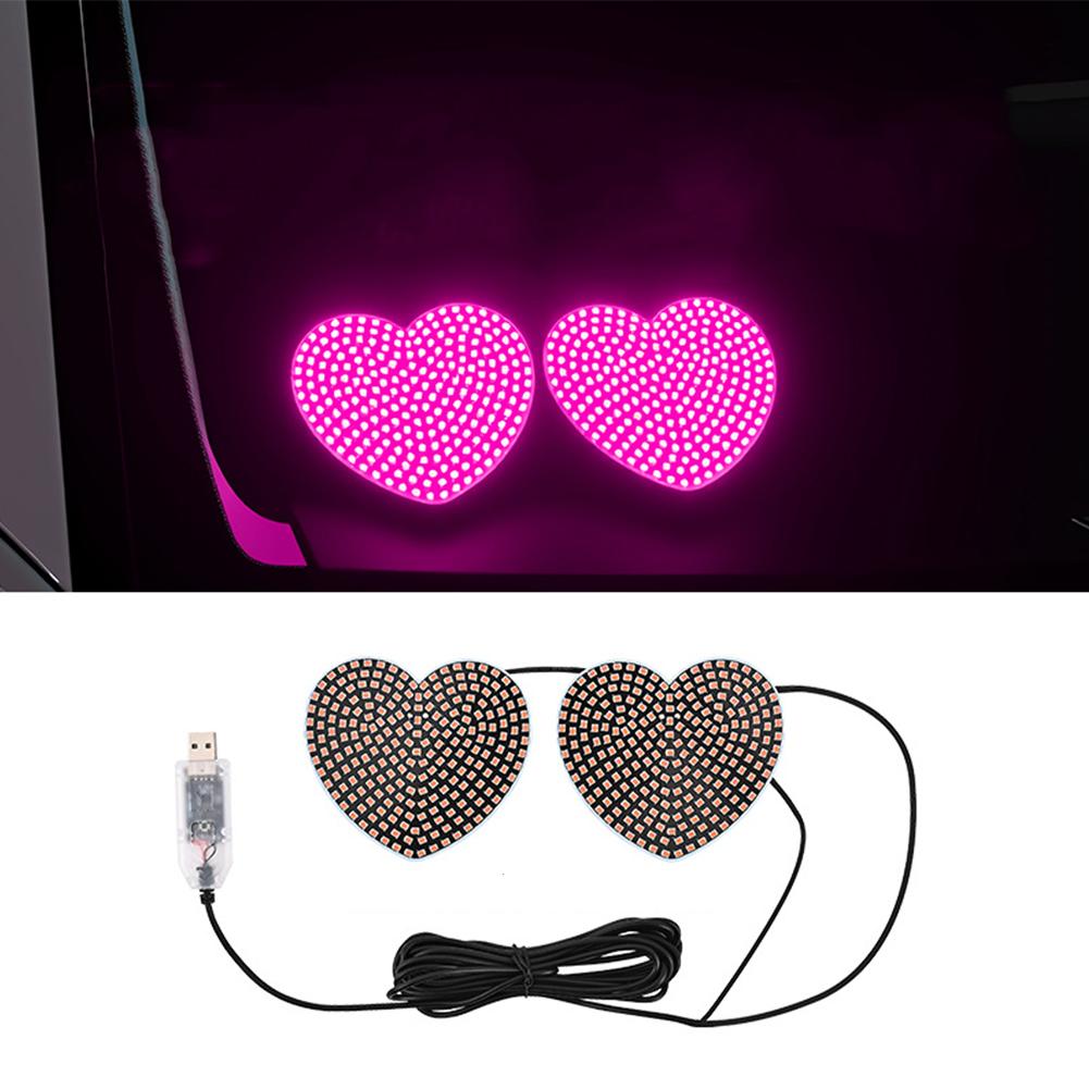 2Pcs/Set Heart-Shaped USB LED Car Interior Ambient Lights DIY Installation Auto Window Decoration Windshield Lights