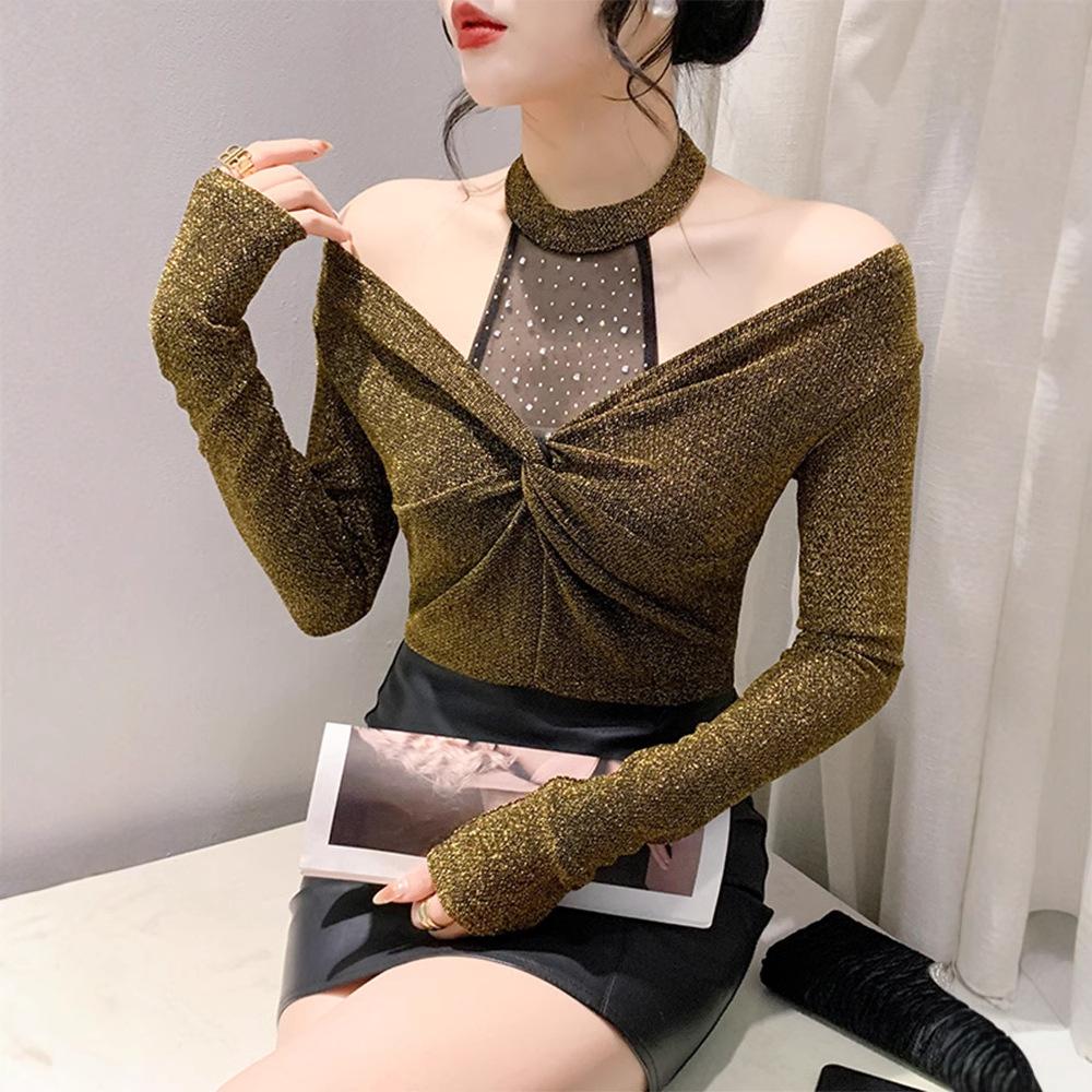 

Сексуальная футболка с открытыми плечами и длинными рукавами для женщин, дизайнерский топ с халтер-воротником, облегающая рубашка с узкими низами M