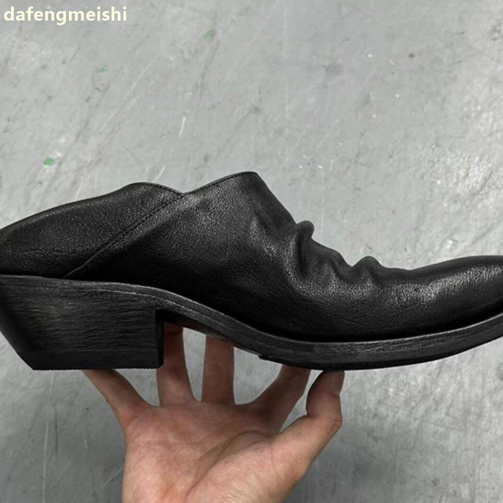Mocasini de damă cu vârf ascuțit, plisat retro la modă, cu toc gros, slip-on, din piele neagră, pantofi din piele pentru bărbați/femei, balerini din piele naturală, pantofi casual