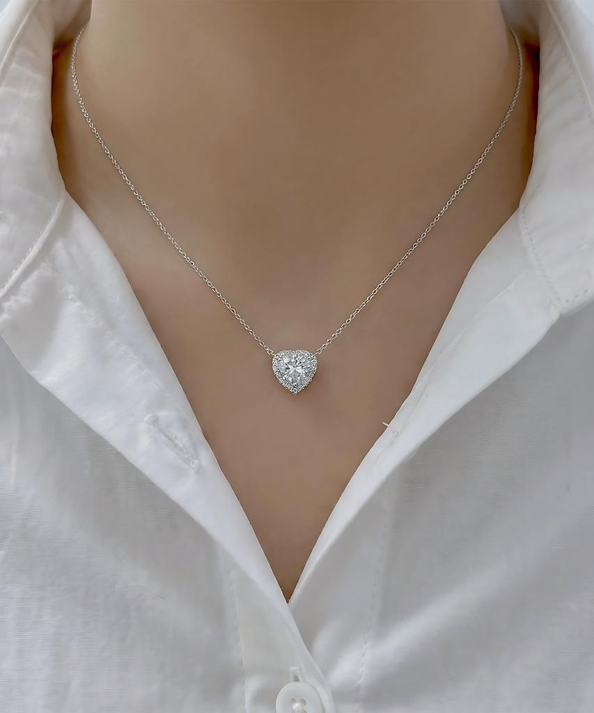 Helene Jewelry 925 Silver 1-Carat Heart-Cut Moissanite Halo Necklace