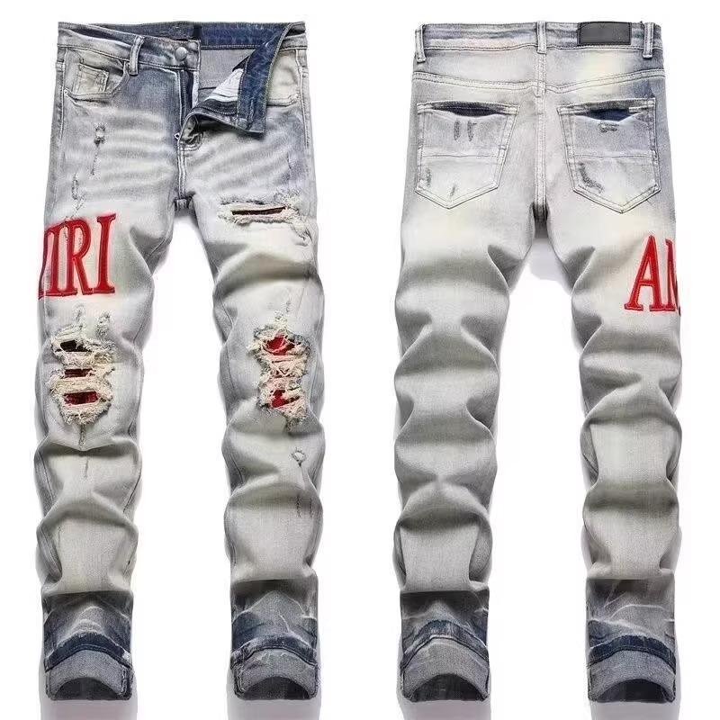 Punk Retro Blue Ripped Slim Fit Printed Men's Jeans