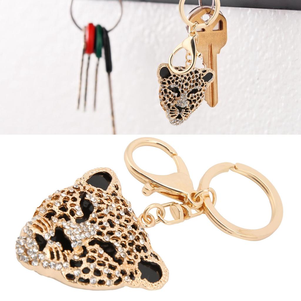 Keychain Exquisite RhinestoneEncrusted Leopard Head Car Bag Pendant for Girl Birthday Gift(Gold )