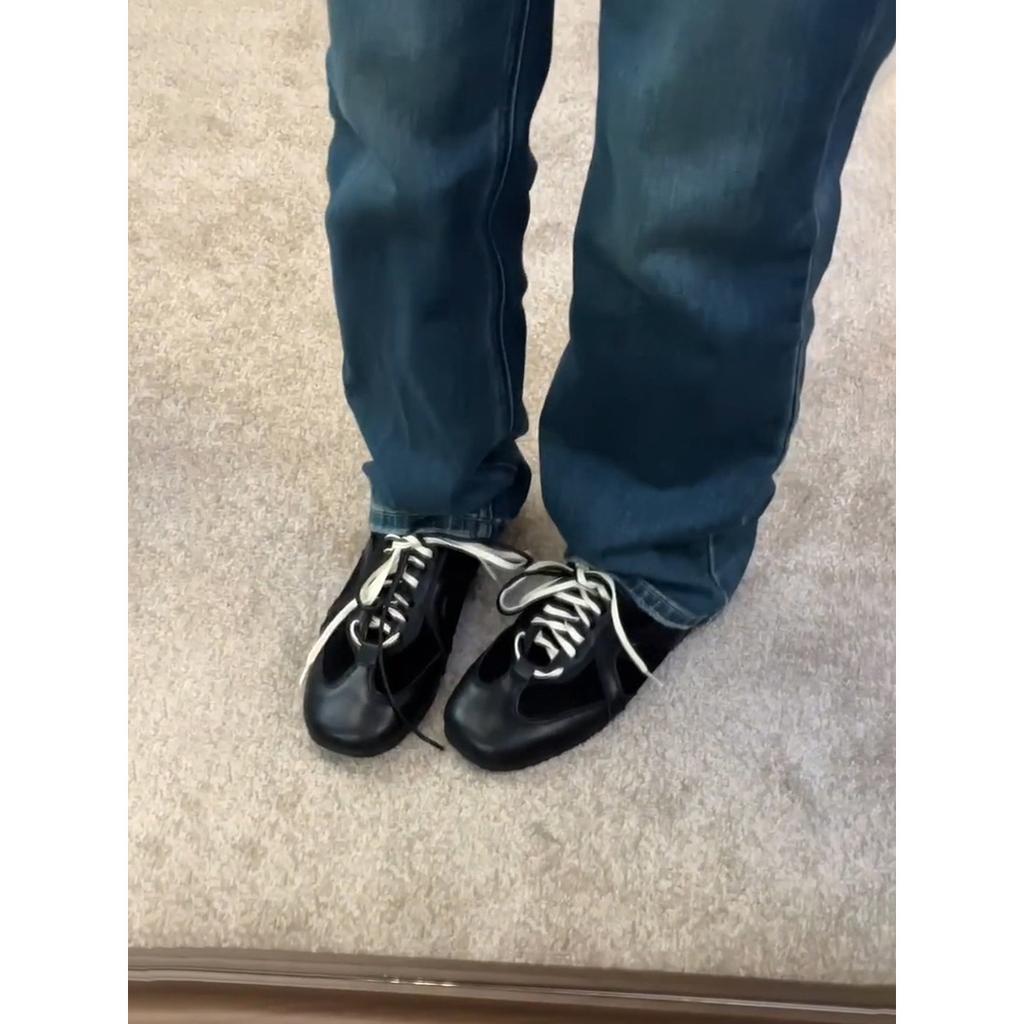 Cowhide version~ retro black German training shoes lace-up Forrest Gump shoes women's inner height increase casual board shoes versatile sports shoes