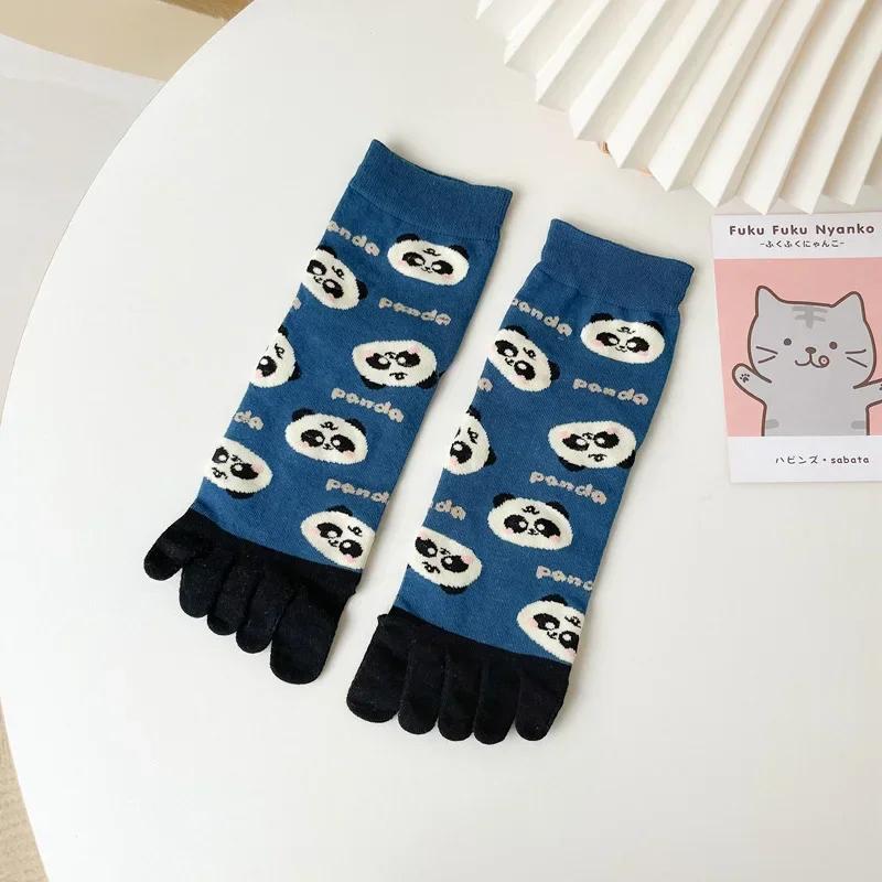 Nouveaux chaussettes mi-mollet respirantes absorbant la sueur à cinq doigts pour femmes, chaussettes à orteils séparés, chaussettes étudiantes mignonnes de dessin animé pour filles