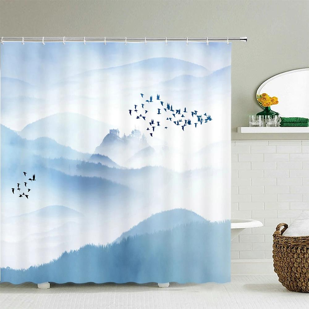 

Chinese Landscape Ink Painting Shower Curtain Waterproof Bathroom Curtain High Quality Polyester Fabric Home Decor With 12 Ho W60H190(CM)-1 Pcs