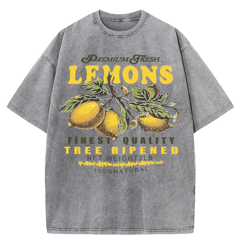 Premium Fresh Lemons Fruit Print Women Washed T-Shirts Y2K Comfortable Short Sleeve Loose All-Match T Shirt Cotton Hip Hop Top