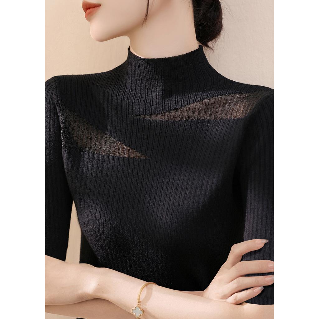 Women Half‑High Neck Lace Knit Top Summer Tencel Mesh Hollow 5/4 Sleeve Slim Ice Silk Blouse S‑3XL