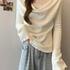 Plus Size Velvet Patchwork One-Shoulder Lace Long Sleeve T-shirt for Women - Slimming & Flaw-Hiding Spring/Autumn Base Layer