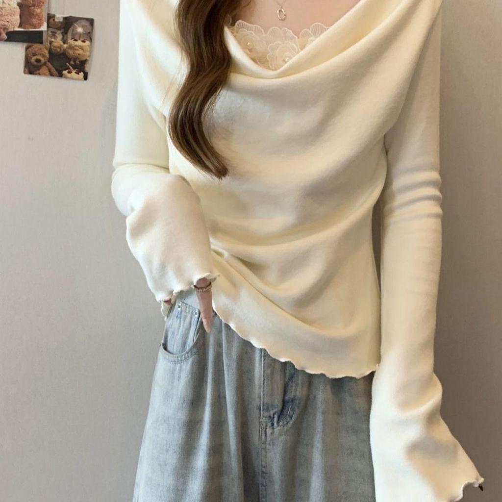 Plus Size Velvet Patchwork One-Shoulder Lace Long Sleeve T-shirt for Women - Slimming & Flaw-Hiding Spring/Autumn Base Layer
