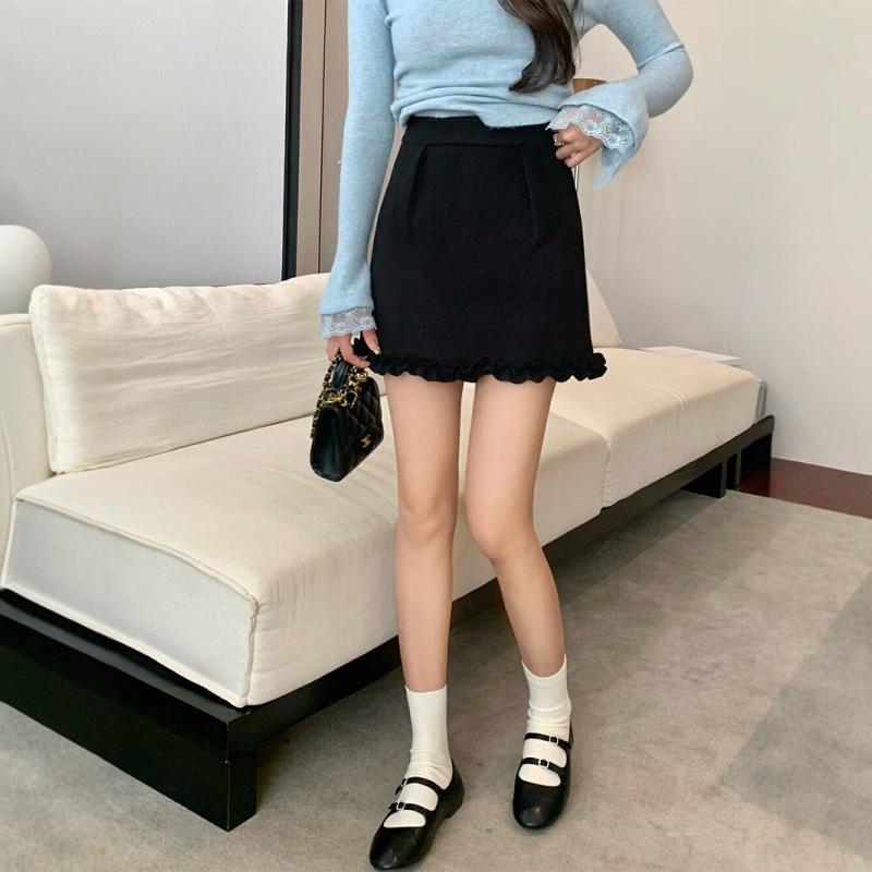 

Pear-Shape Lace Spliced Wool A-Line Skirt - Gray, Slim Fit, Versatile for Spring/Autumn S