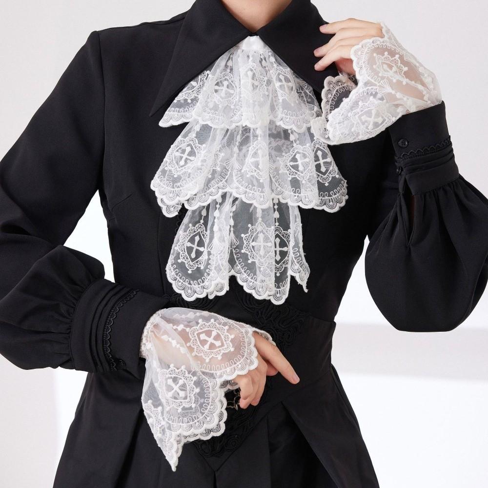 Victorian Style Lace Jabot Collar White Cosplay Accessory Wrist Cuffs Sleeves Detachable Decorative Neck Collar