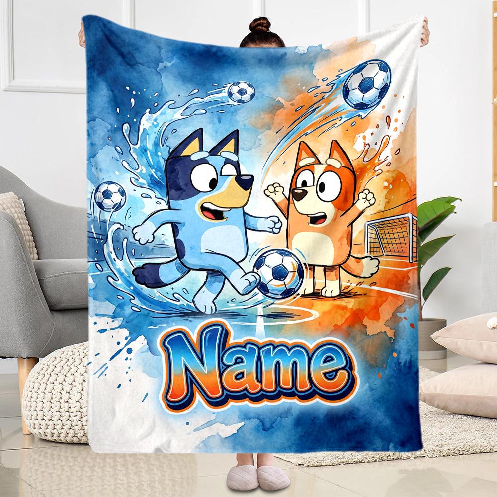 Soccer Fun Bluey Customize Text Blanket Throw Personalized Blanket Soft & Cozy Versatile for Bed Office Chair Couch Seaside Four Seasons Universal