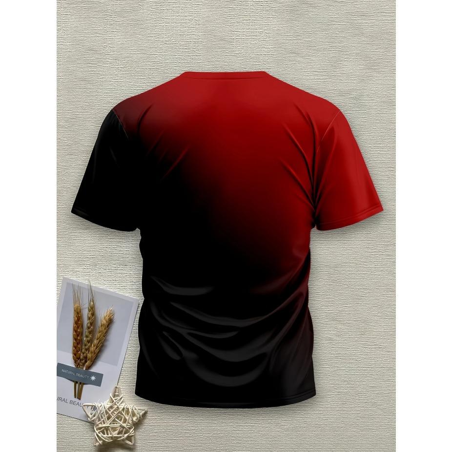 Vibrant Style| Big & Tall Men's Gradient Fishing Graphic Tee - Casual Polyester Short Sleeve, Summer Print with Heartbeat Fishing Gear, PLUS SIZE