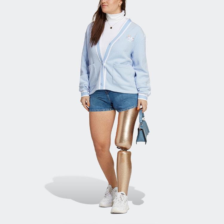 adidas Gestreifter Strick-Cardigan mit Einreiher für Damen Tops Hellrosa Blau IP3760