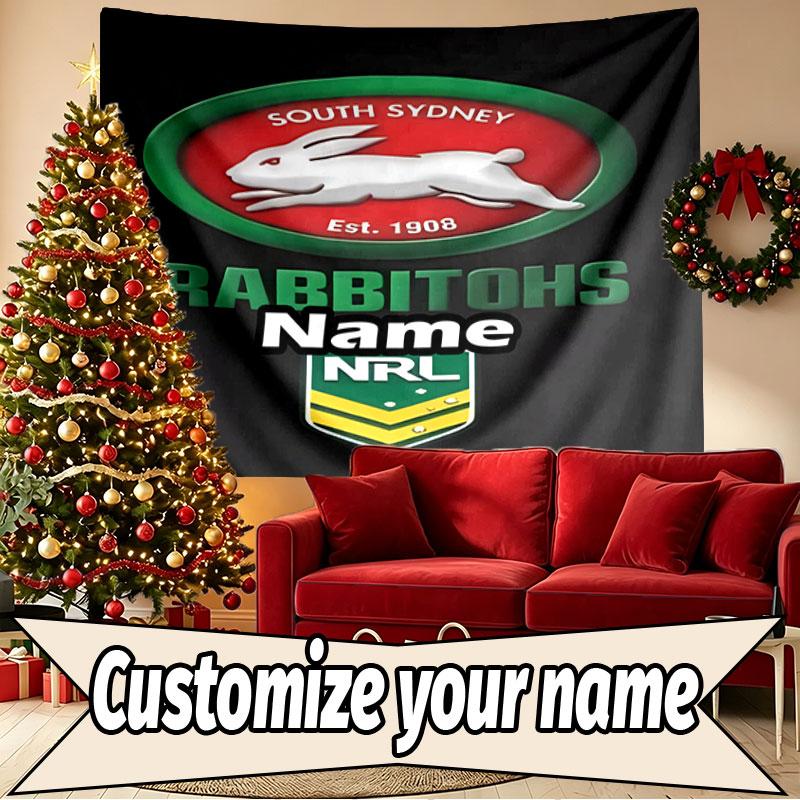 Custom Name Personalized South Sydney Rabbitohs Print Tapestry, Wall Art Decor, Bedroom, Dorm, Apartment, LivingRoom, Party Backdrop, Gift for Birthda