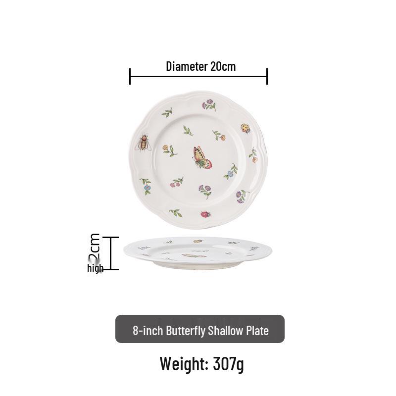 Retro Dragonfly & Butterfly Ceramic Tableware Set: Salad Plates, Bowls, and Deep Plates for Western and Asian Cuisine.