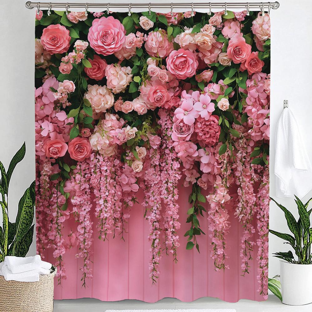 Rosa Blumen Duschvorhang für Damen, Braut, Hochzeit, Rosa Blumen, Romantisch, Geeignet für Mädchen, Hängender Vorhang Mit Haken