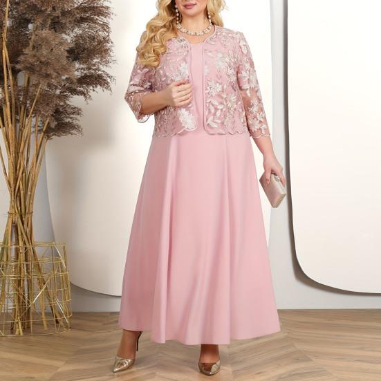 2Pcs/Set Women Plus Size Party Outfit O-neck Short Sleeve Loose Hem Midi Dress Hollow Out Embroidery Lace Floral Coat Set