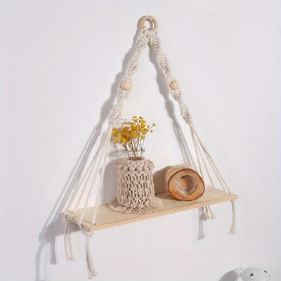 1 pièce d'étagère murale en macramé faite à la main, décoration suspendue, étagères flottantes style Boho Chic avec pompons, support mural en corde pour plantes et objets décoratifs